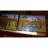 S. Kappata, a pair of Zambian oils on canvas colonnial social scenes with details to verso.