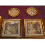 A collection of miniatures including pair of oval sepia prints in gilded frames