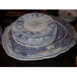 A collection of eleven mostly blue and white meat platters, C19th and a basin and other similar