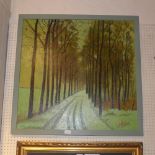 A C20th oil on canvas of a tree lined pathway signed Brian Baldwin in a green painted frame