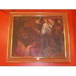 An early C20th oil on canvas interior scene with figures in a tavern indistinctly monogrammed and in