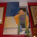 A contemporary unframed oil on canvas by Buenos Aires artist Anna Leon depicting a man seated on a