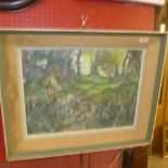 An oil on board woodland scene with figures, framed