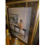 A framed print of a semi nude lady signed Alexandra Monntoya