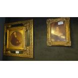 A reproduction miniature portrait study in a heavy ebonised and gilt frame, 15cm x 15cm and one