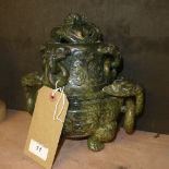 A Chinese carved Jade koro with mythical creature mask detailing