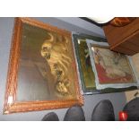 A Victorian chromolithograph study of two pugs and a kitten in painted moulded composition frame