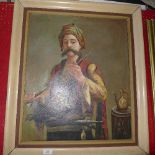 A C20th oil on canvas of an Emir within distressed frame - 64 x 74