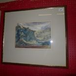 A C20th watercolour ink and wash on artist's paper depicting a hilly landscape,