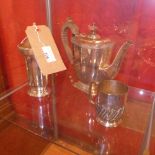 An Art Deco silver plated sugar shaker togehter with a silver plated Christening mug and a silver