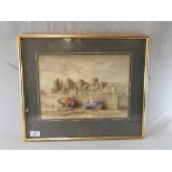 A watercolour of a harbour and castle scene within gilt frame signed T.