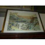 A C20th Japanese print of tropical scene of paddy field workers within gilt frame 94 x 61cm