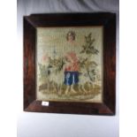 An early 20th century tapestry of a lady and goats within angular frame - 50 x 53cm