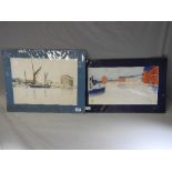 A pair of unframed watercolour harbour scenes both mounted