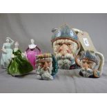 A collection of figurines including Royal Doulton Toby jugs and Coalport figures (6)
