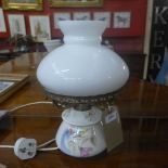 A Victorian style lamp with pictorial detail and an opaque shade H35cm and a Victorian style