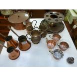 A collection of assorted copper ware including glass copper cups with glass links