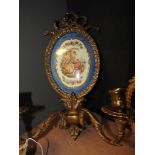 A pair of French gilt metal wall scones with pictorial enamel detail H 30cm (2)
