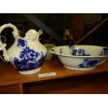 A late 19th century Victorian flo blue porcelain toilet jug and bowl. (2)