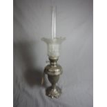 A Victorian design decorative silver plated table lamp with glass funnel and opaque glass shade,