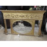 A Neo-Classical style gilt overmantel mirror with flanked central oval plate with urn and swag