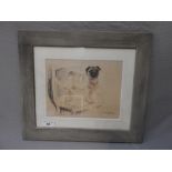 A limited edition print of a pug in a silver frame signed Gill Evans 40cm x 35cm