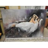 An oil on canvas of a lady reclining on chaise longue,