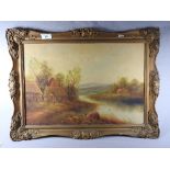 An oil on canvas of a farm and river scene within a gilt frame 58cm x 42cm