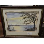 A framed and glazed watercolour of a lake scene at dusk 'South Brent,