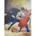 Unknown artist an oil on canvas of Matador and bull, indistinctly signed,