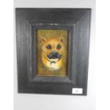 A 20th century oil on board of a dog called Poppy within ebonised frame