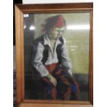 A C20th continental oil on canvas depicting young boy in red head scarf.