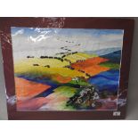 A 1960s surrealist watercolour landscape unframed and mounted 62 x 51cm