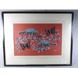 A 20th century print of butterflies and chameleons on red ground within ebonised frame,