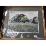 A watercolour of trees in a field scene within gilt frame 52 x 43 cm