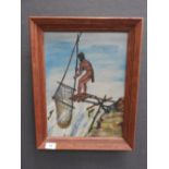 an oil on canvas of a fisherman within oak frame,