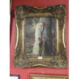 An oil on board of a forlorn lady within an ornate frame 50cm (h) x 60cm (w)