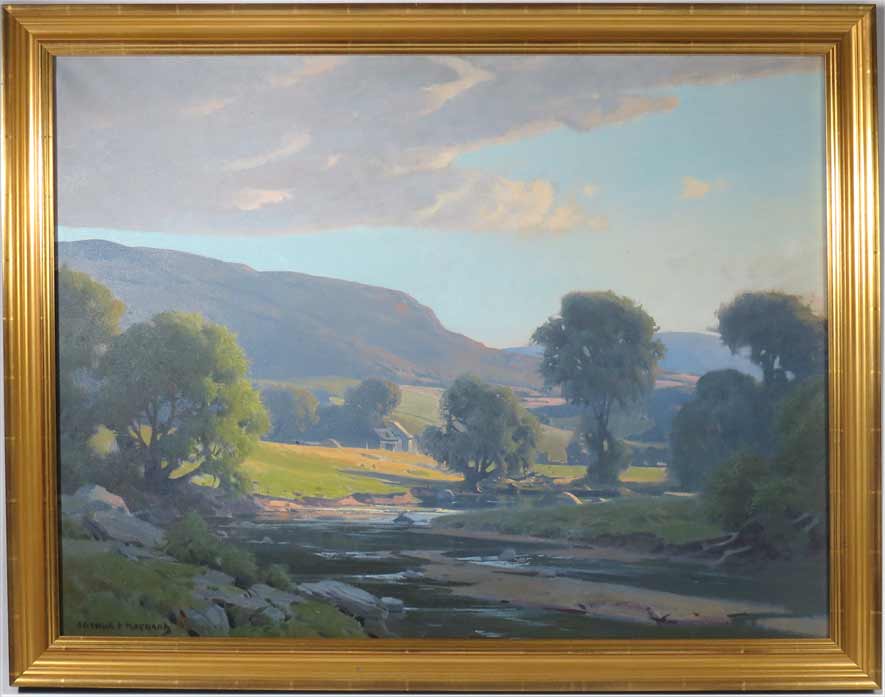 ARTHUR F. MAYNARD (American, 1920-1991) overview of valley farm and river, mountains in distance - Image 3 of 3