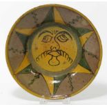 LATIN AMERICAN MAJOLICA BOWL, MONTIEL STUDIO late 19th c., Antiqua, Guatemala, sun figure motif,