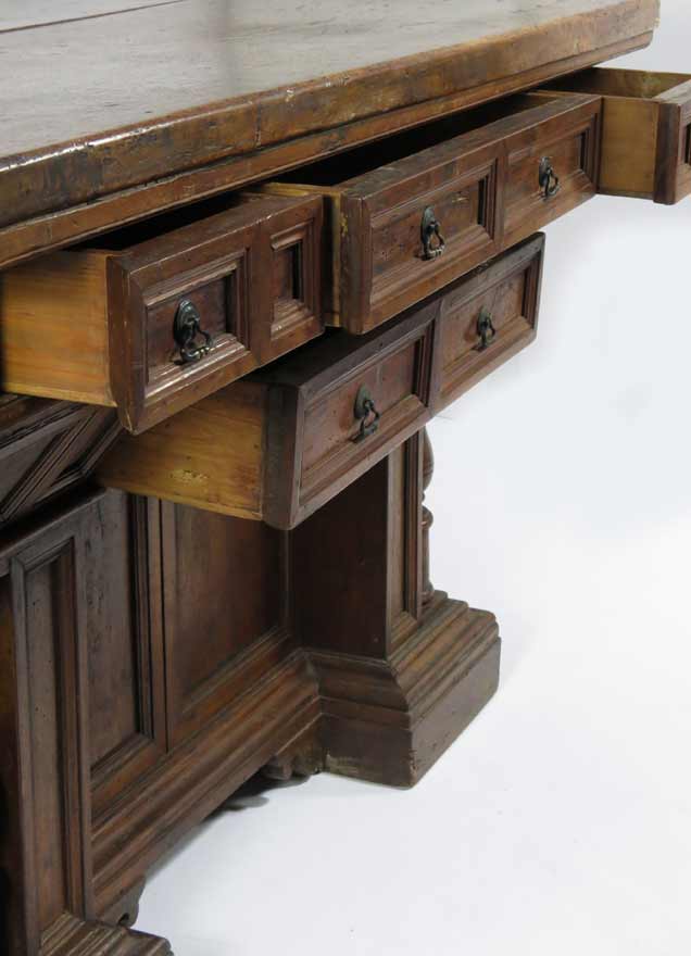 ITALIAN BAROQUE WALNUT LIBRARY TABLE old surface, thick rectangular top, one side with three drawers - Image 3 of 7