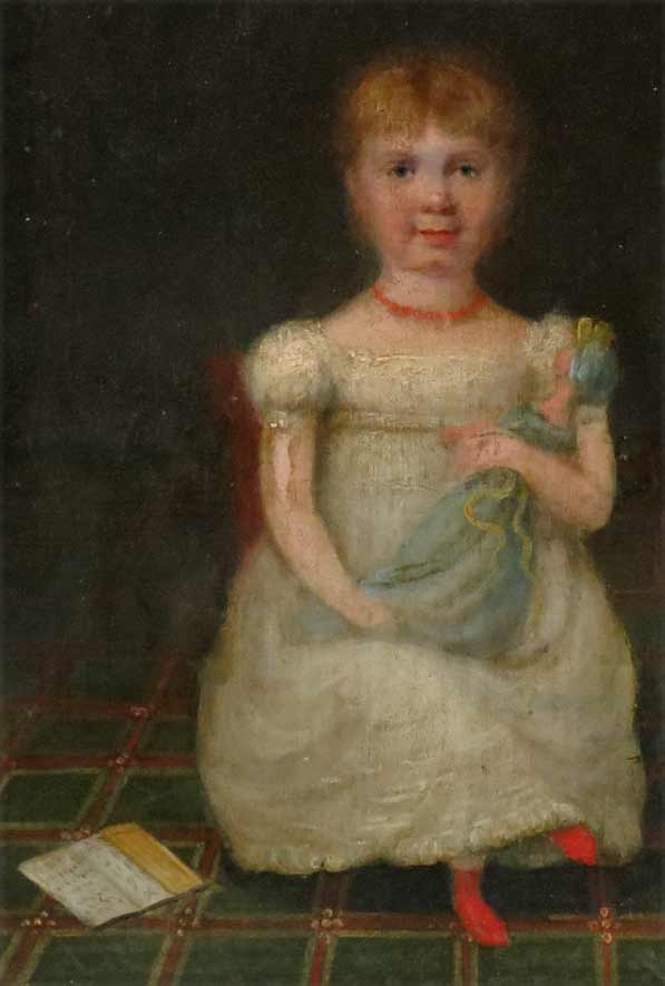 AMERICAN PRIMITIVE, early 19th c. seated girl holding doll
oil on tin, 8.5 by 7.5 in., prob. - Image 3 of 3