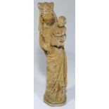 IMPORTANT FRENCH GOTHIC LIMESTONE CARVING c. 1300, Madonna and Child, 30” 
This figure was given