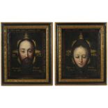 (pair) CONTINENTAL, 18th c.  head of Christ, the other Mary with inscriptions
o/c, 15 by 19 in.,