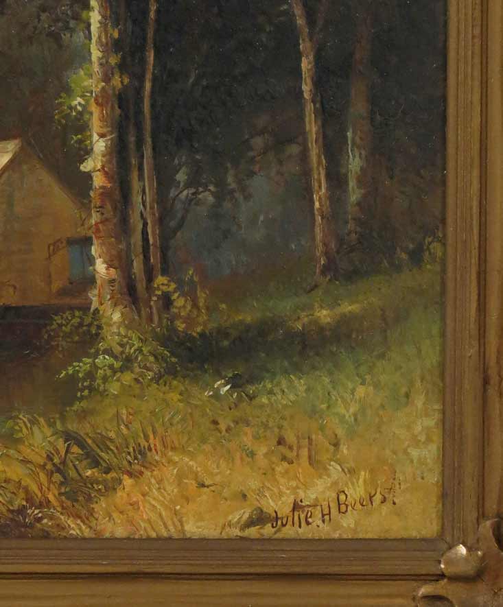 JULIE HART BEERS (American, 1835-1913) cabin by forest pond
sgn. l.r. Julie H Beers, o/b, 11.25 by - Image 2 of 2