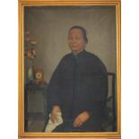 CHINA, early 20th c. portrait of seated Chinese woman, carriage clock on table
unsigned, o/c, 29