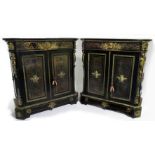 PAIR OF NAPOLEON III EBONIZED BOULLE CABINETS mid 19th c., cut-corner black marble tops, the