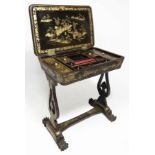 CHINESE EXPORT BLACK AND GOLD LACQUERED SEWING TABLE mid 19th c., elaborate chinoiserie figures in a