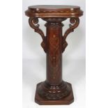 AESTHETIC MOVEMENT WALNUT PEDESTAL round column with incised decoration, oval top measures 19” by