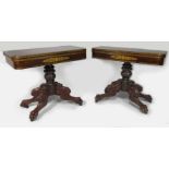 PAIR OF NEW YORK CLASSICAL STENCILED MAHOGANY CARD TABLES c. 1825 
swivel rectangular top with