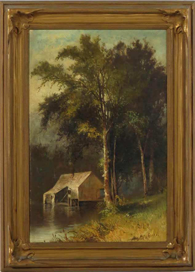 JULIE HART BEERS (American, 1835-1913) cabin by forest pond
sgn. l.r. Julie H Beers, o/b, 11.25 by